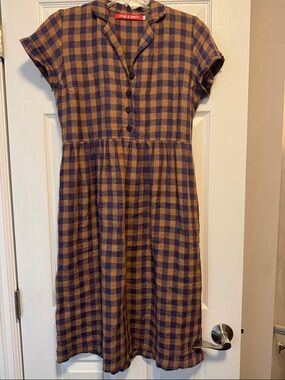 Pyne & Smith No. 30 Linen Midi Blue/Tan Checkered Dress Modest XS